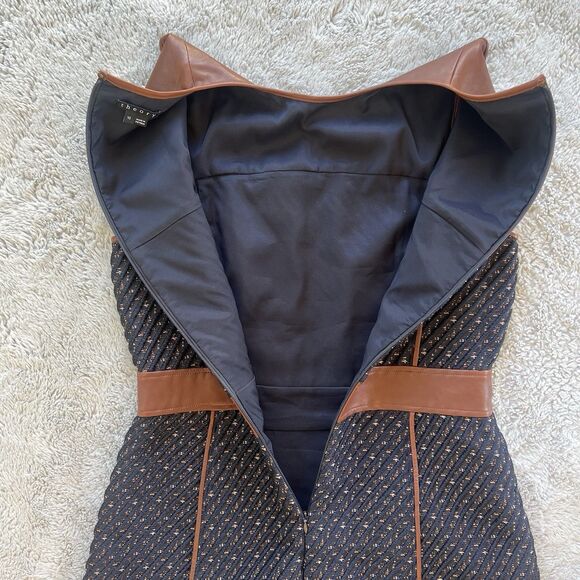 Theory CalvinoDress Sleeveless Mix Media Lamb Leather Tweed Navy Brown Size 10 - Picture 8 of 10